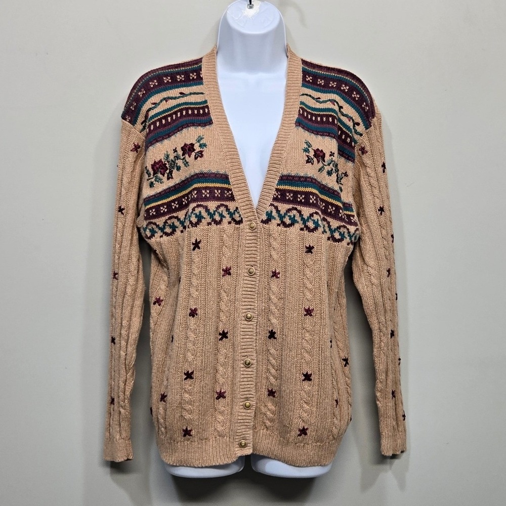 Vintage 90s Jantzen Cardigan Sweater Large Hand Embroidered Cable Knit Cottage